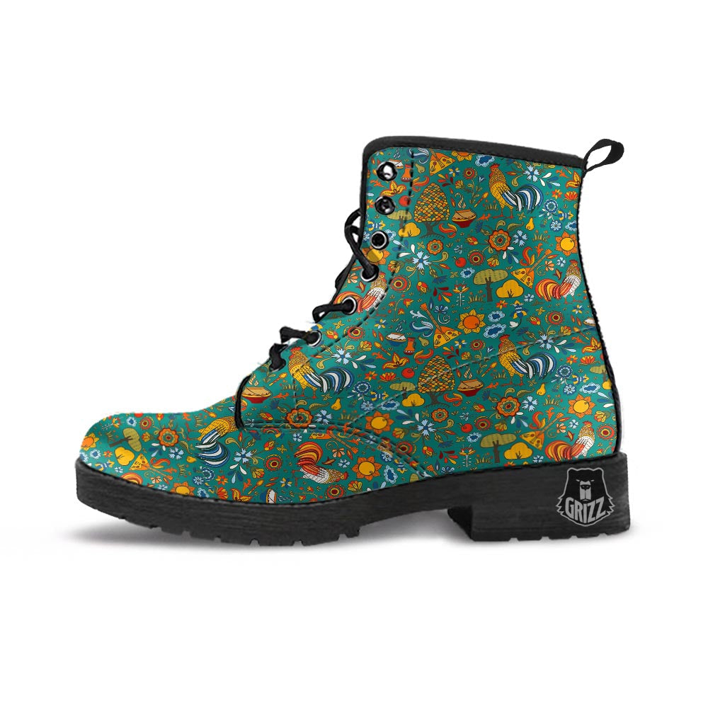 Flower And Rooster Print Pattern Leather Boots-grizzshop