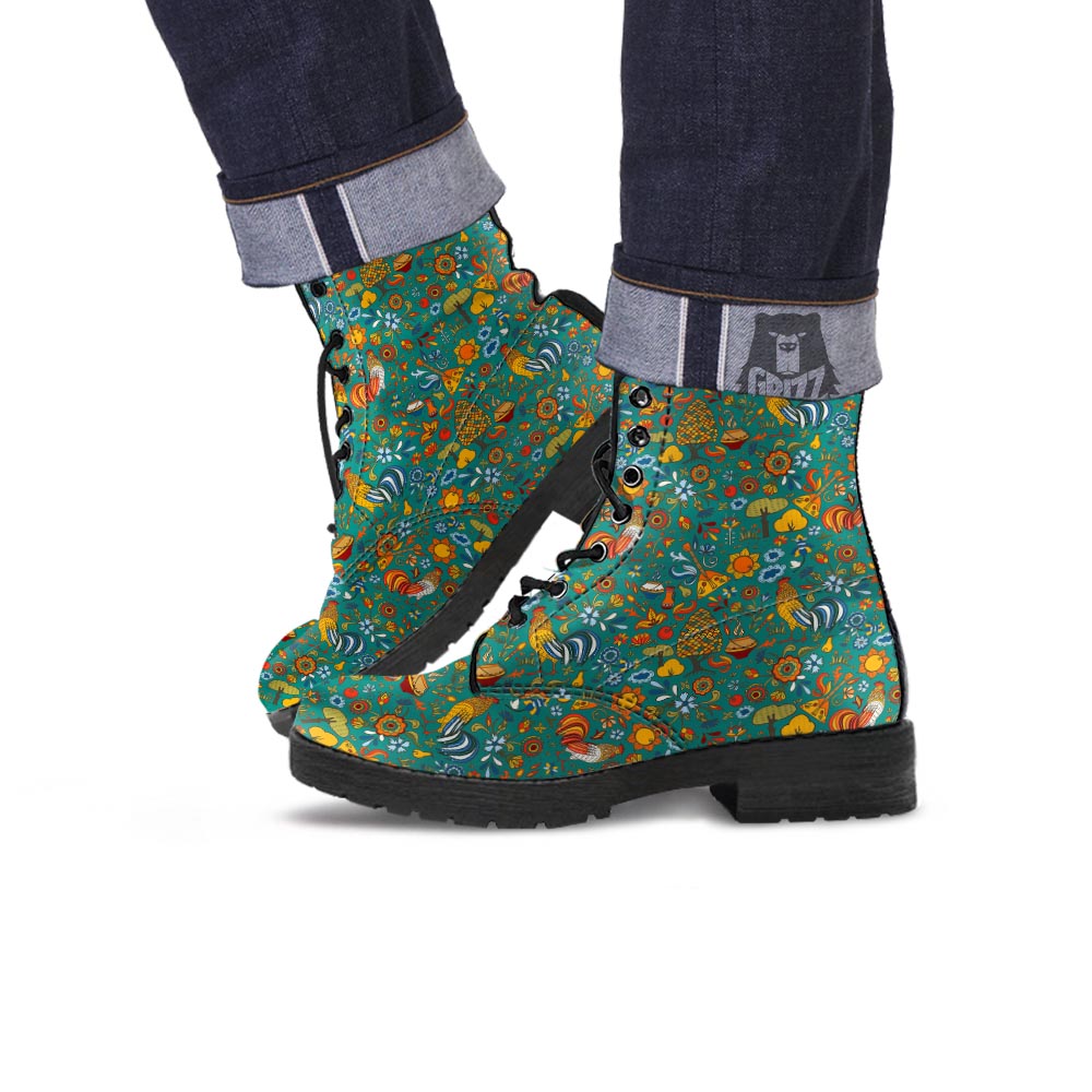 Flower And Rooster Print Pattern Leather Boots-grizzshop