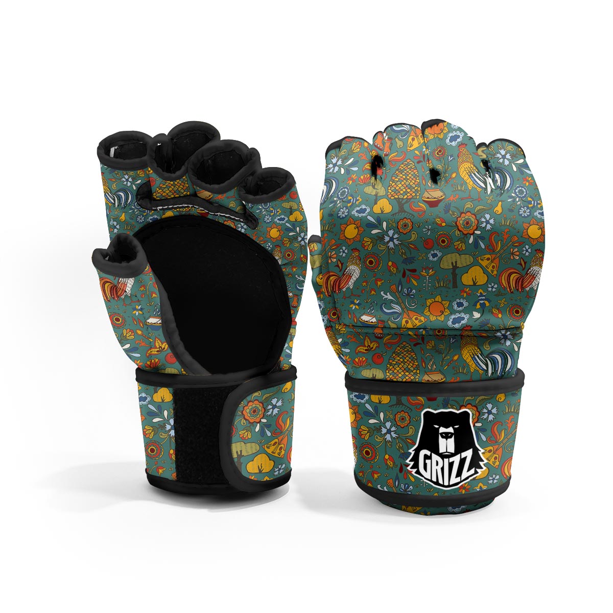 Flower And Rooster Print Pattern MMA Gloves-grizzshop