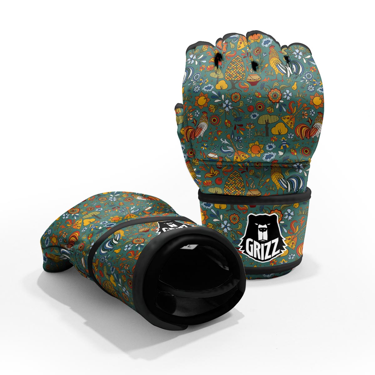 Flower And Rooster Print Pattern MMA Gloves-grizzshop