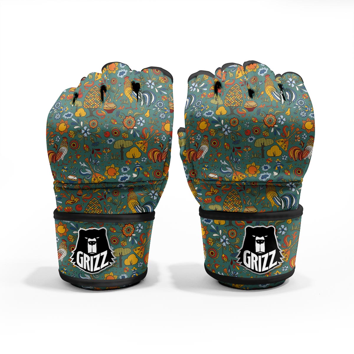 Flower And Rooster Print Pattern MMA Gloves-grizzshop