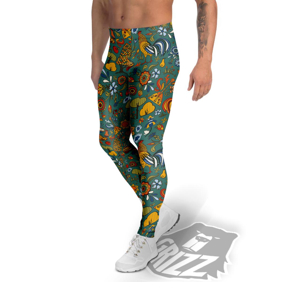 Flower And Rooster Print Pattern Men's Leggings-grizzshop