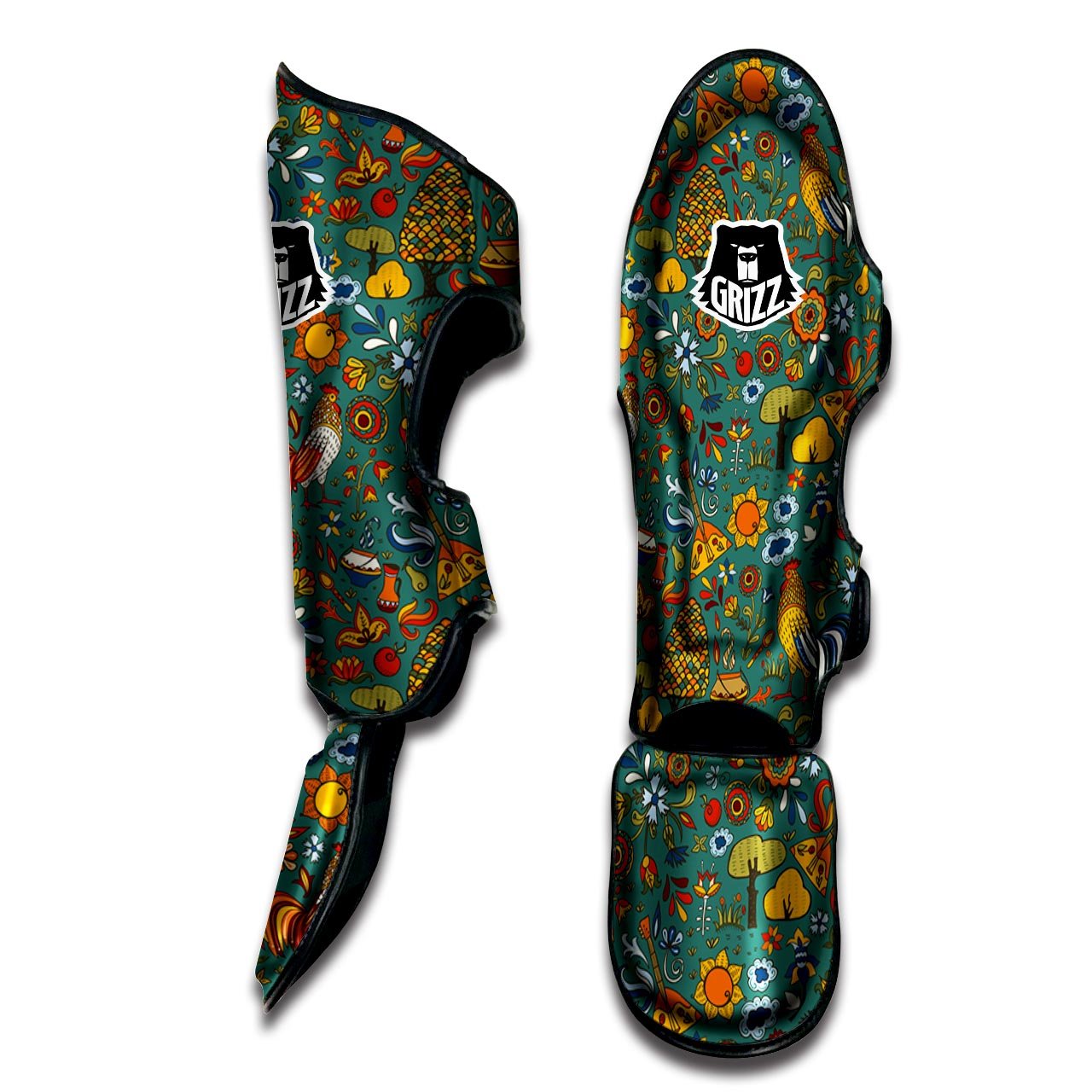 Flower And Rooster Print Pattern Muay Thai Shin Guards-grizzshop