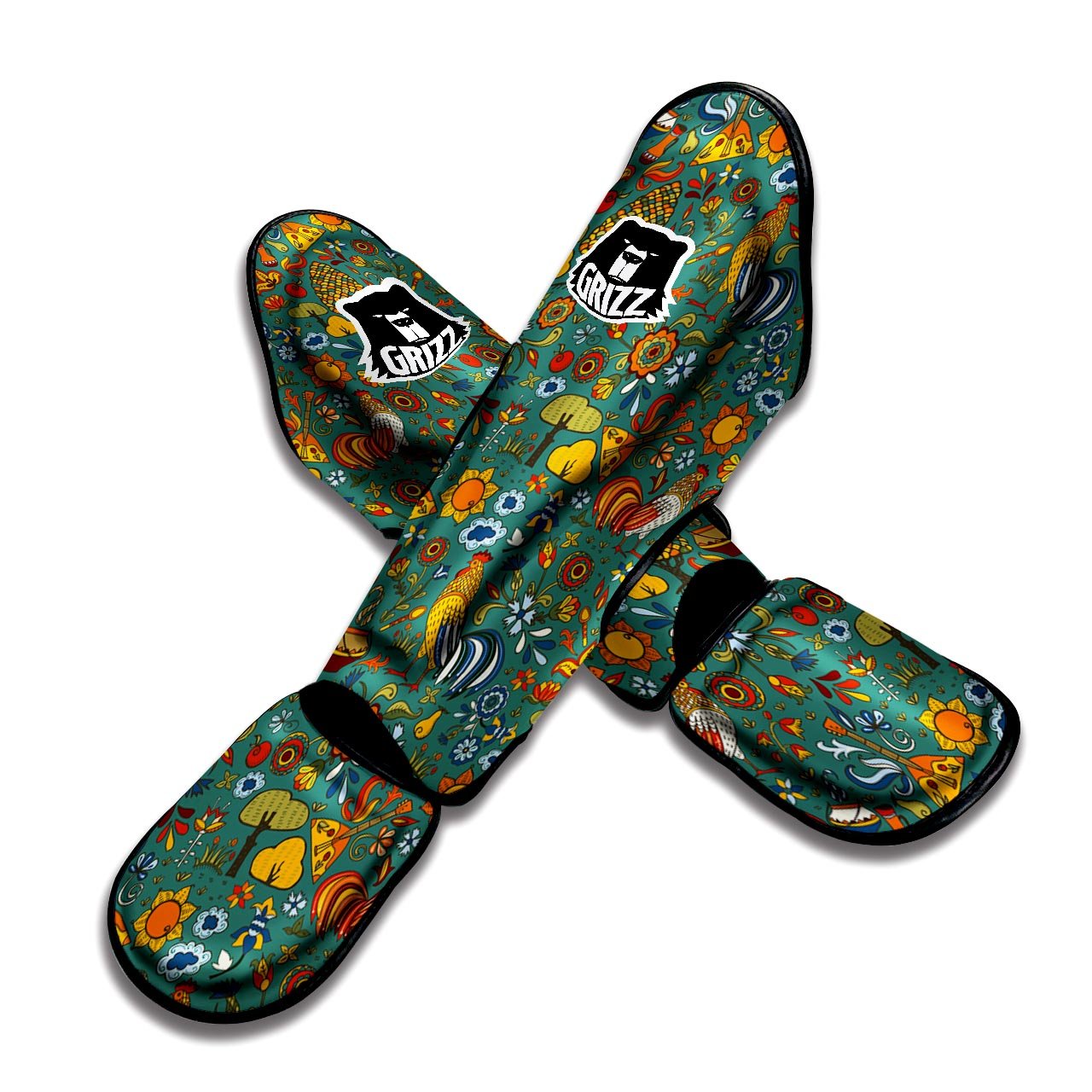 Flower And Rooster Print Pattern Muay Thai Shin Guards-grizzshop