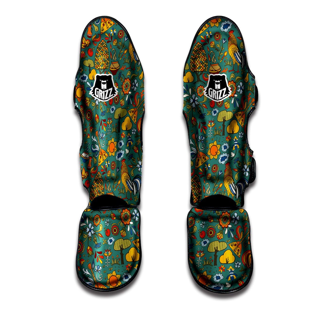 Flower And Rooster Print Pattern Muay Thai Shin Guards-grizzshop