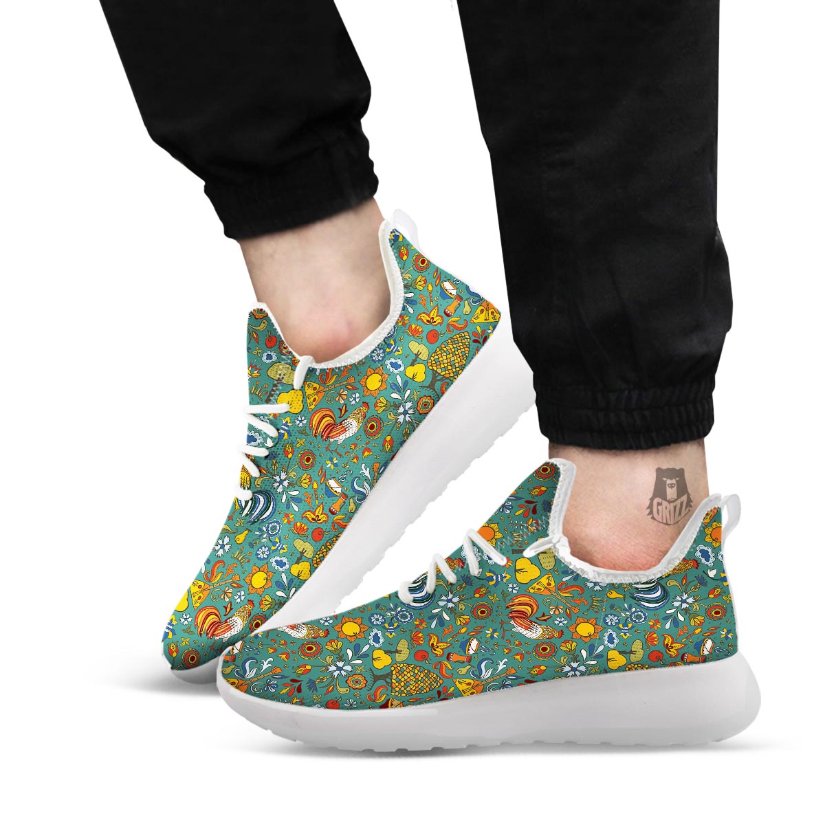 Flower And Rooster Print Pattern White Athletic Shoes-grizzshop