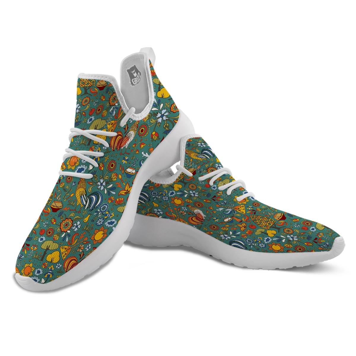 Flower And Rooster Print Pattern White Athletic Shoes-grizzshop