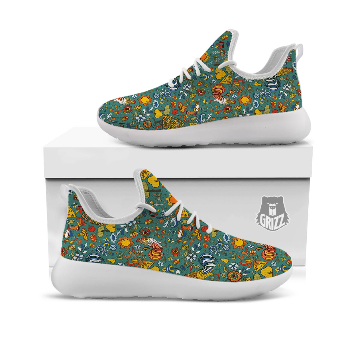 Flower And Rooster Print Pattern White Athletic Shoes-grizzshop