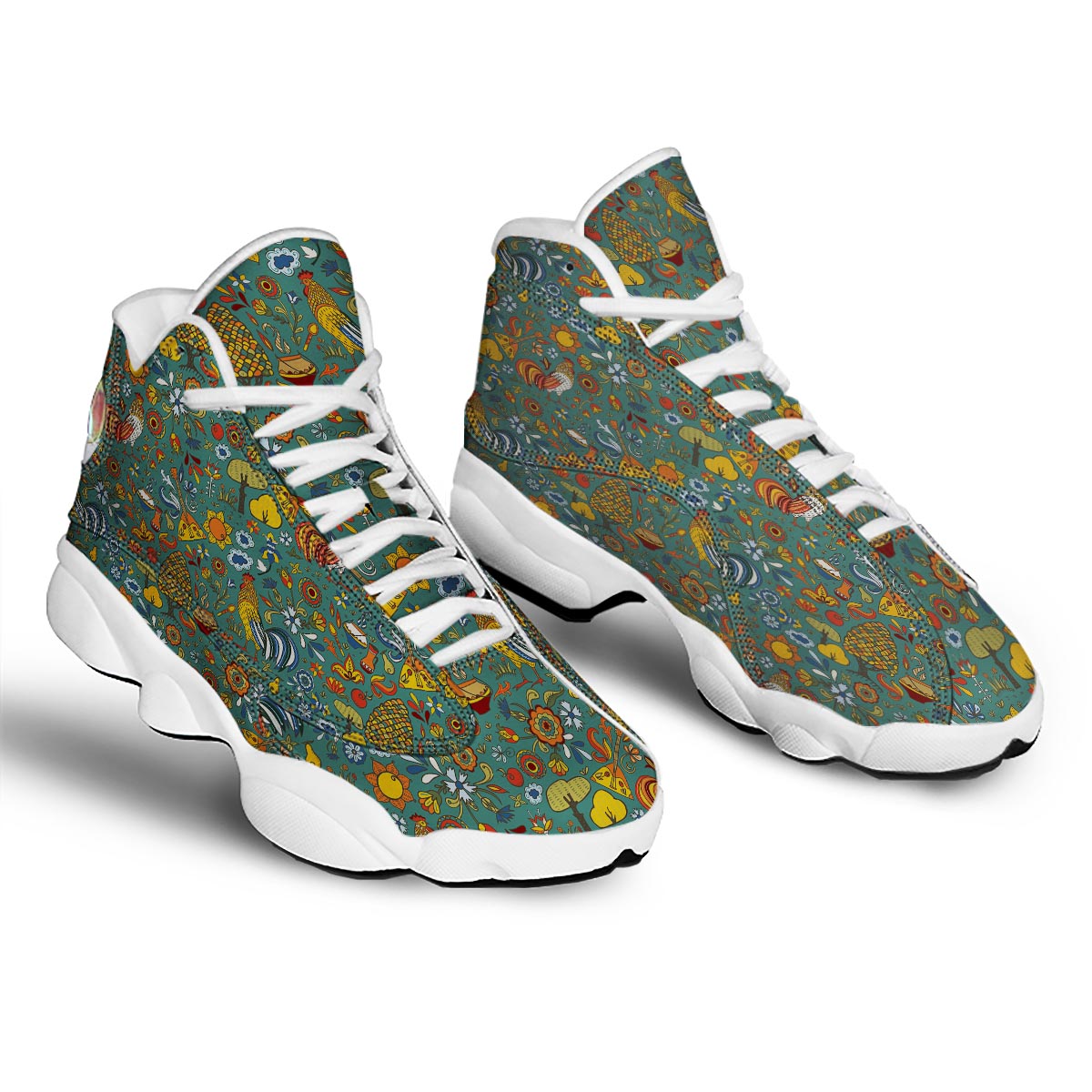 Flower And Rooster Print Pattern White Basketball Shoes-grizzshop