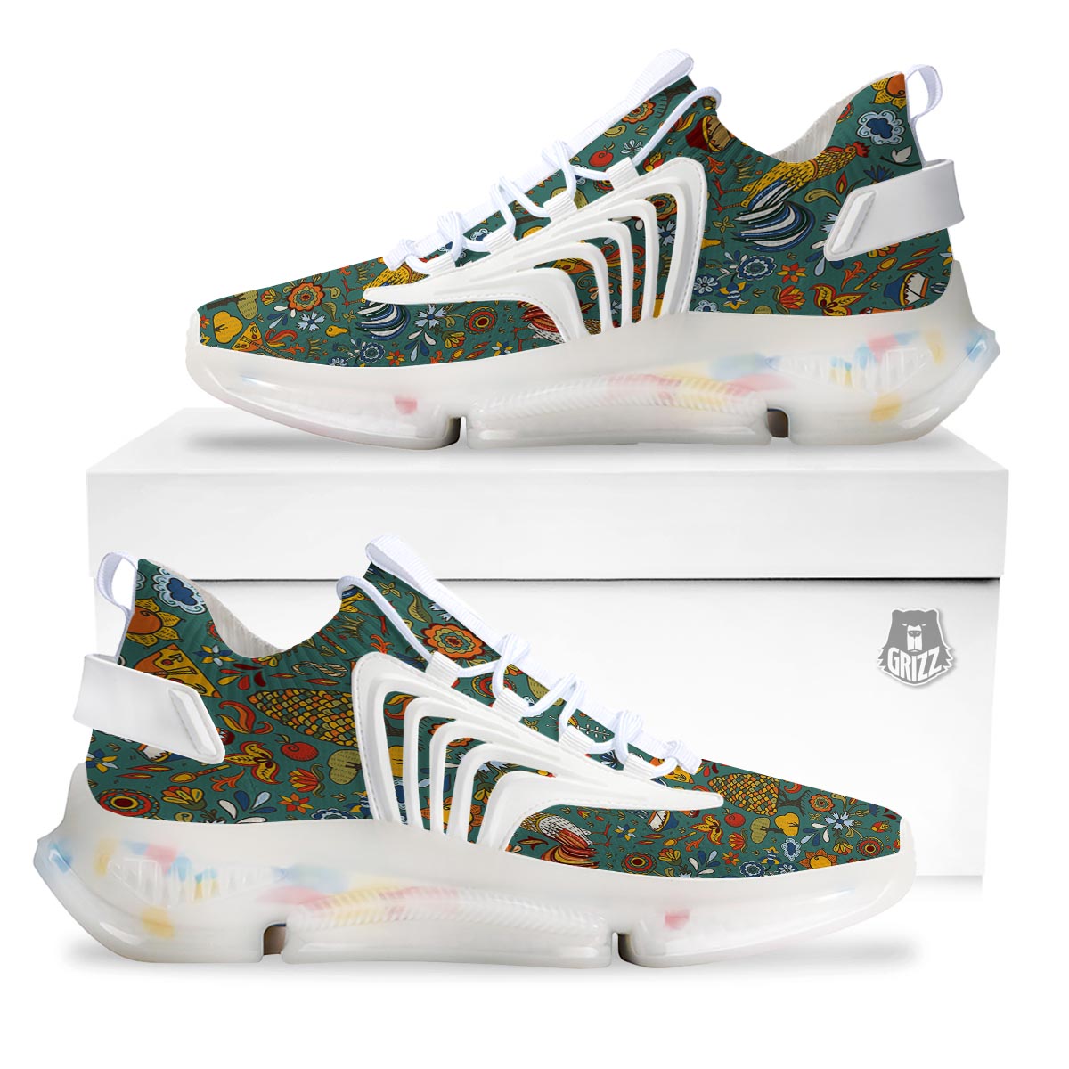 Flower And Rooster Print Pattern White Gym Shoes-grizzshop