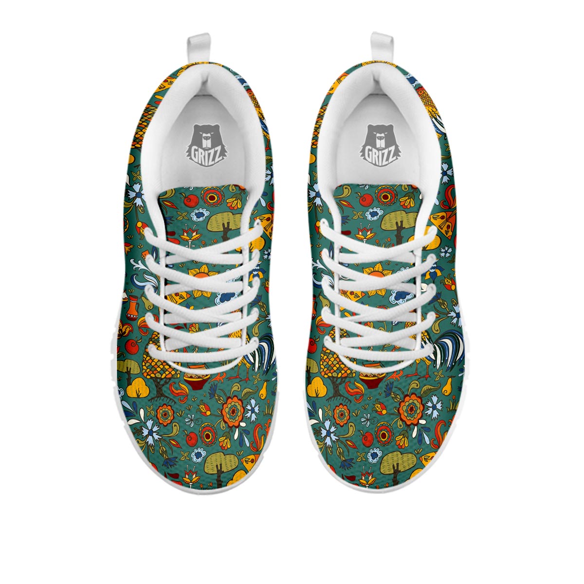Flower And Rooster Print Pattern White Sneaker-grizzshop