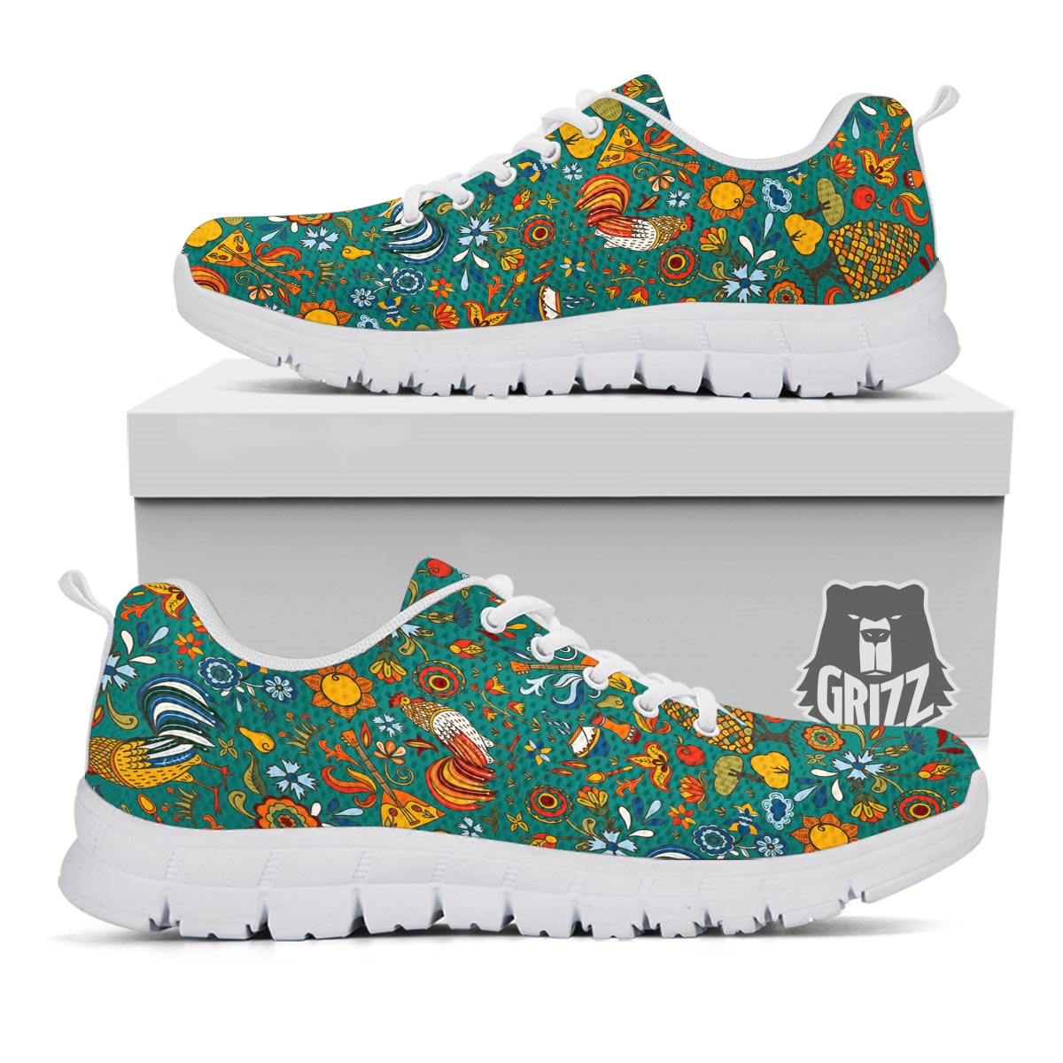 Flower And Rooster Print Pattern White Sneaker-grizzshop