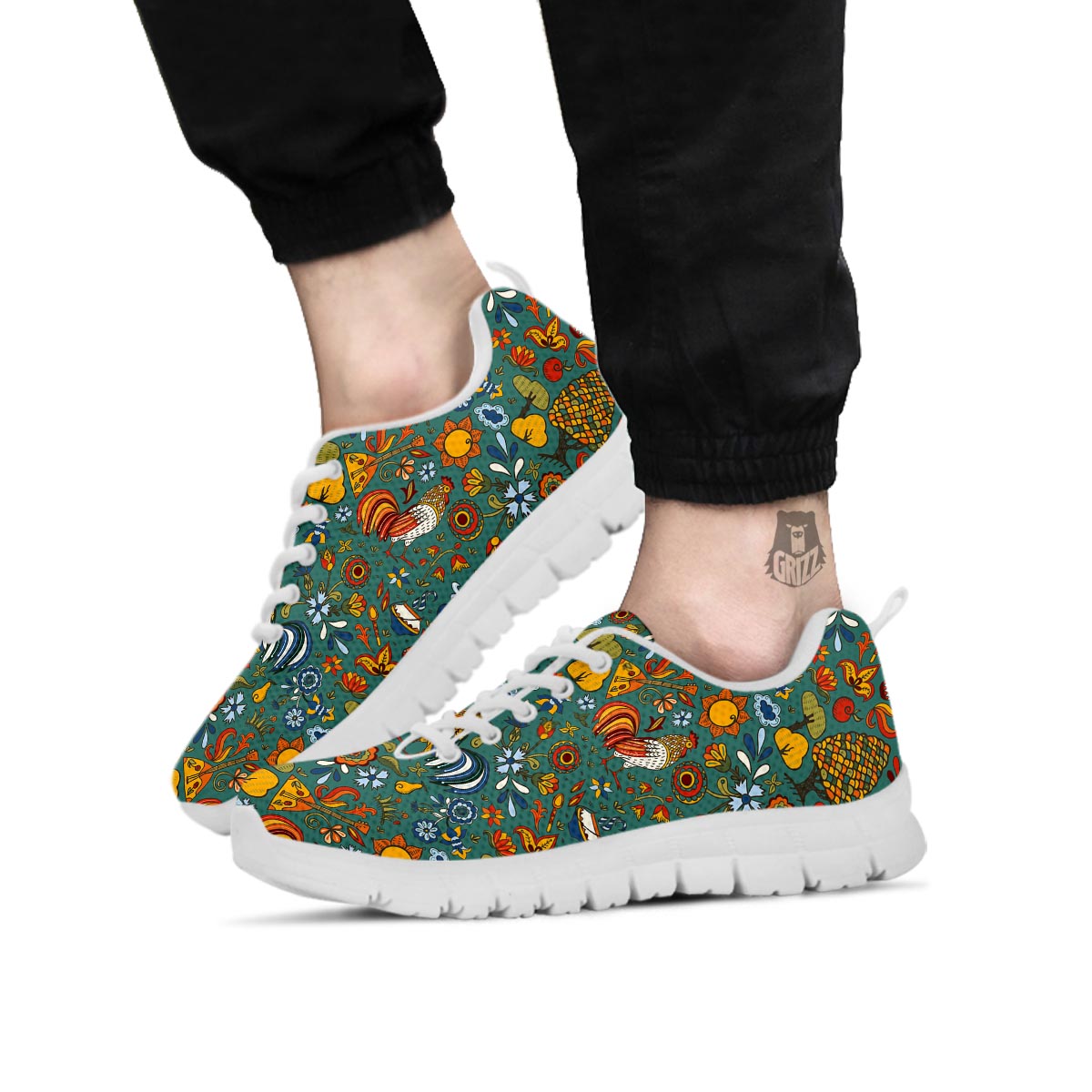 Flower And Rooster Print Pattern White Sneaker-grizzshop