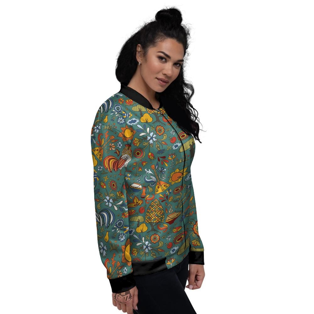 Flower And Rooster Print Pattern Women's Bomber Jacket-grizzshop
