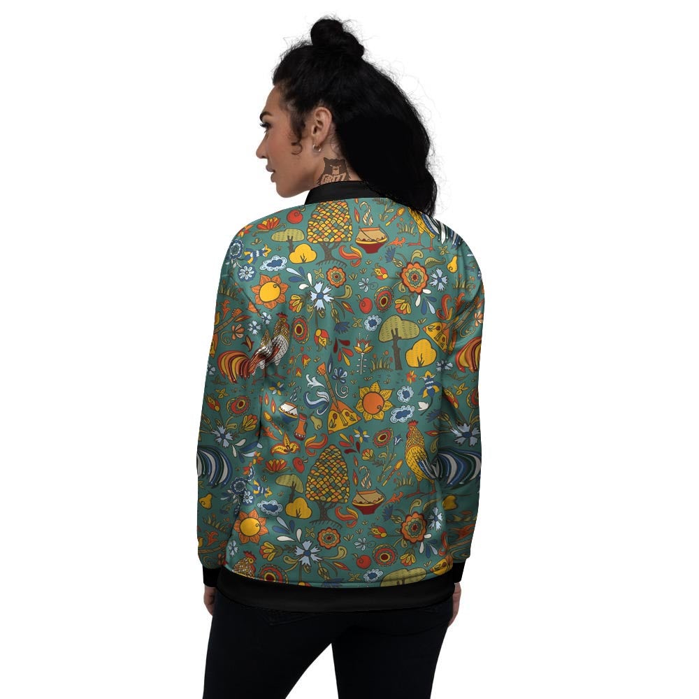 Flower And Rooster Print Pattern Women's Bomber Jacket-grizzshop