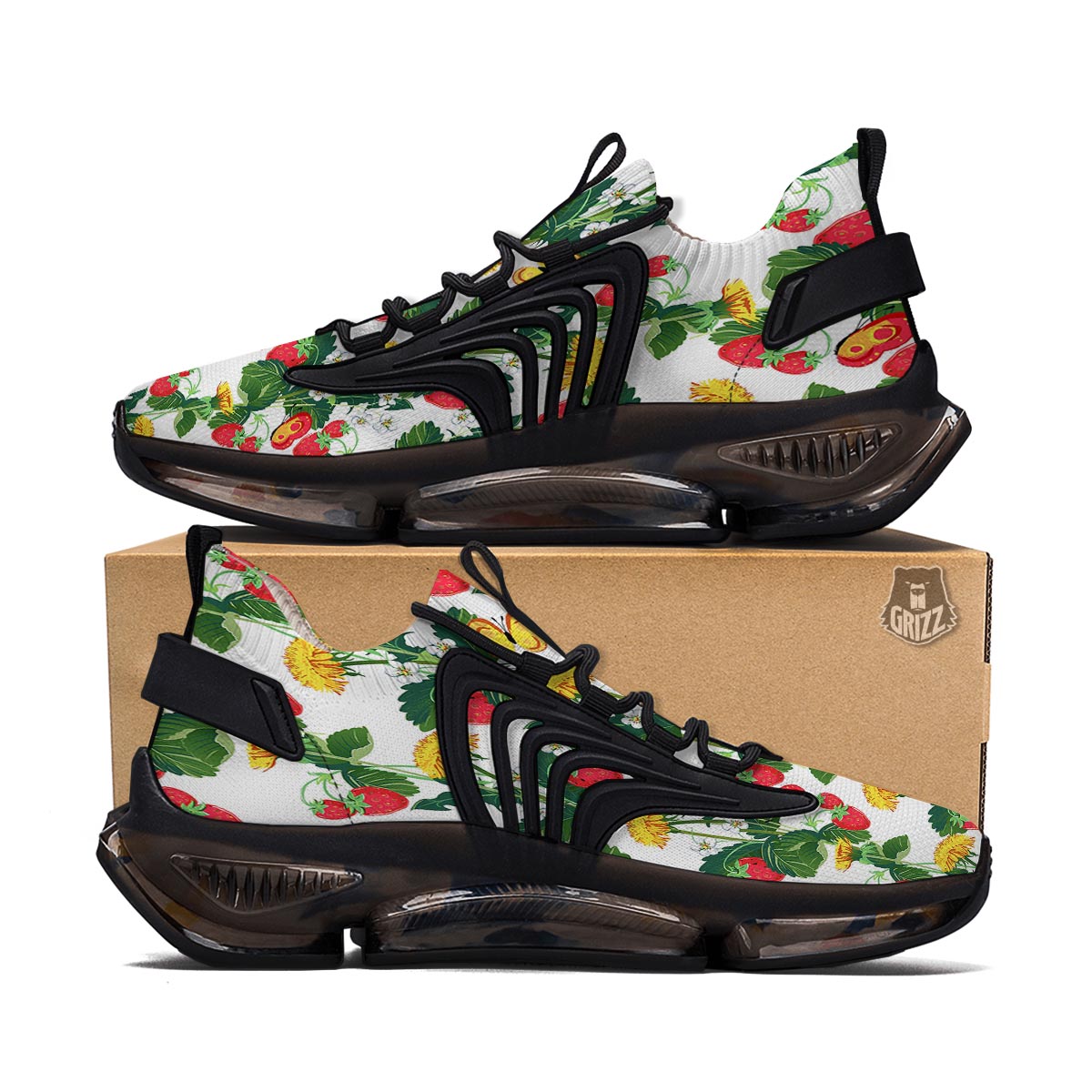 Flower And Strawberry Print Pattern Black Gym Shoes-grizzshop