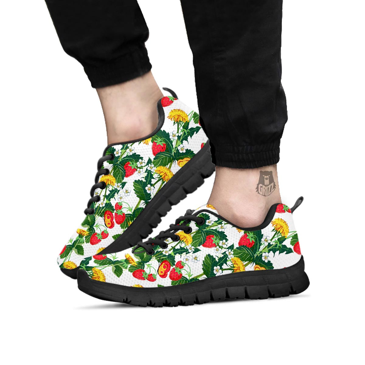 Flower And Strawberry Print Pattern Black Sneaker-grizzshop