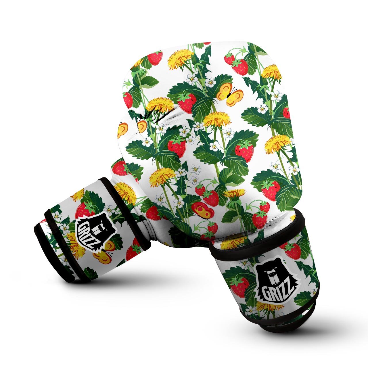 Flower And Strawberry Print Pattern Boxing Gloves-grizzshop