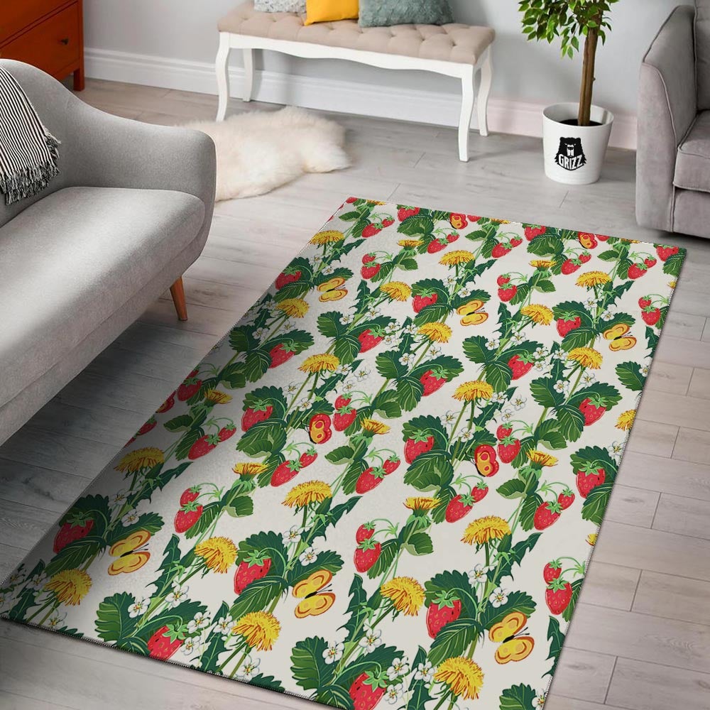 Flower And Strawberry Print Pattern Floor Mat-grizzshop