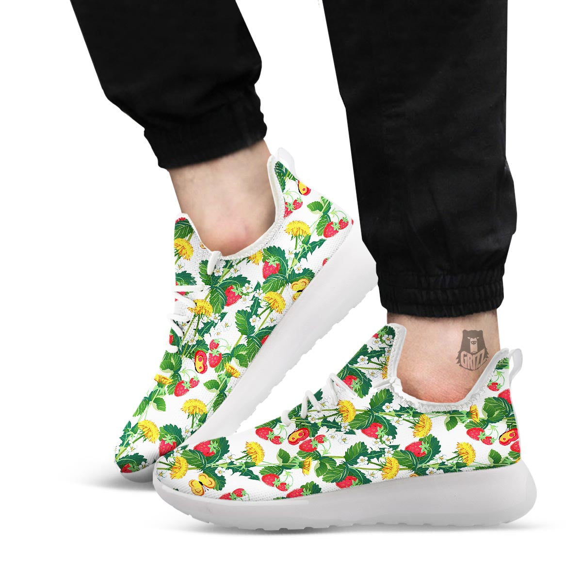 Flower And Strawberry Print Pattern White Athletic Shoes-grizzshop