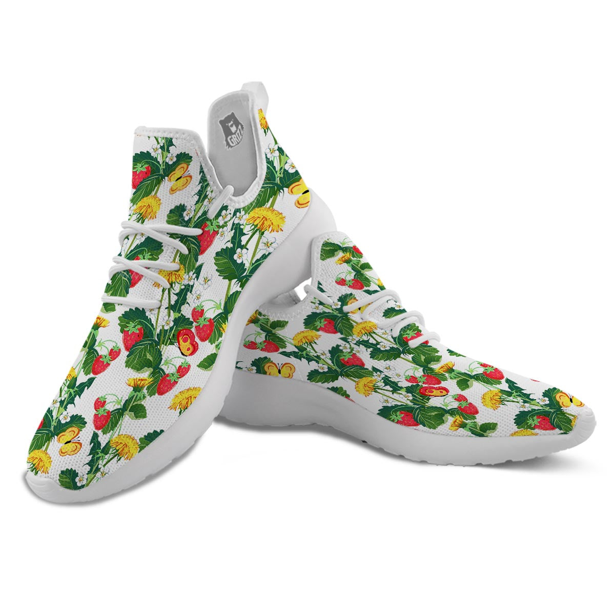 Flower And Strawberry Print Pattern White Athletic Shoes-grizzshop