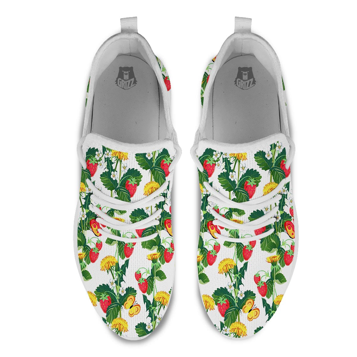 Flower And Strawberry Print Pattern White Athletic Shoes-grizzshop