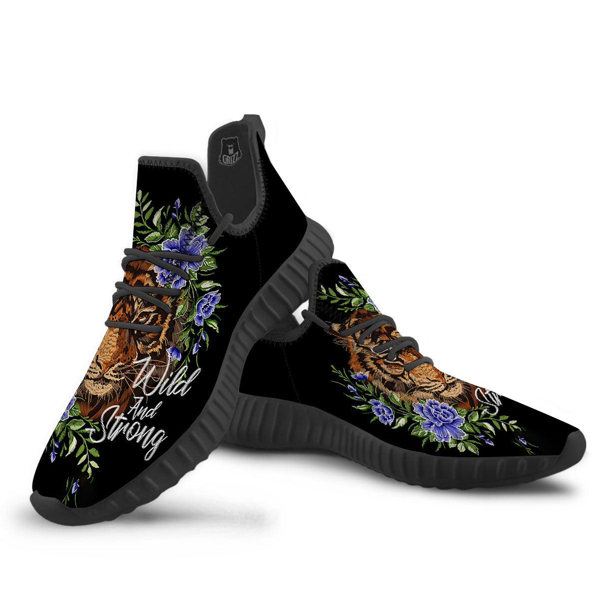 Flower And Tiger Embroidery Print Black Walking Shoes-grizzshop