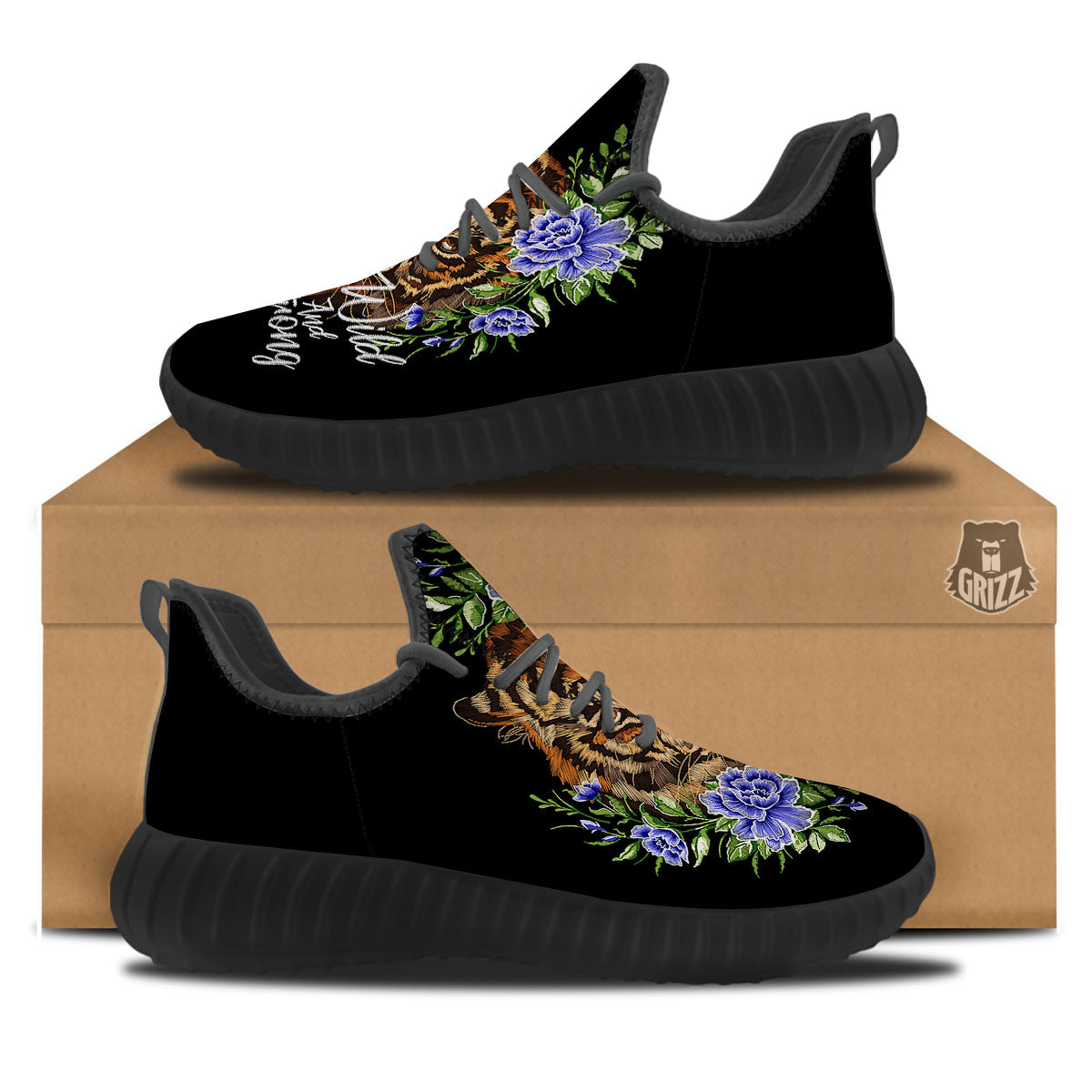 Flower And Tiger Embroidery Print Black Walking Shoes-grizzshop