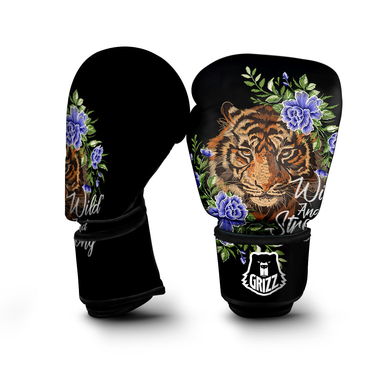 Flower And Tiger Embroidery Print Boxing Gloves-grizzshop