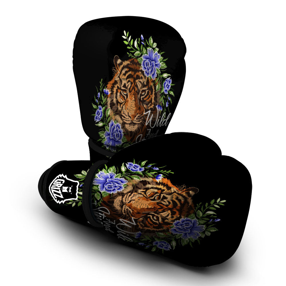 Flower And Tiger Embroidery Print Boxing Gloves-grizzshop