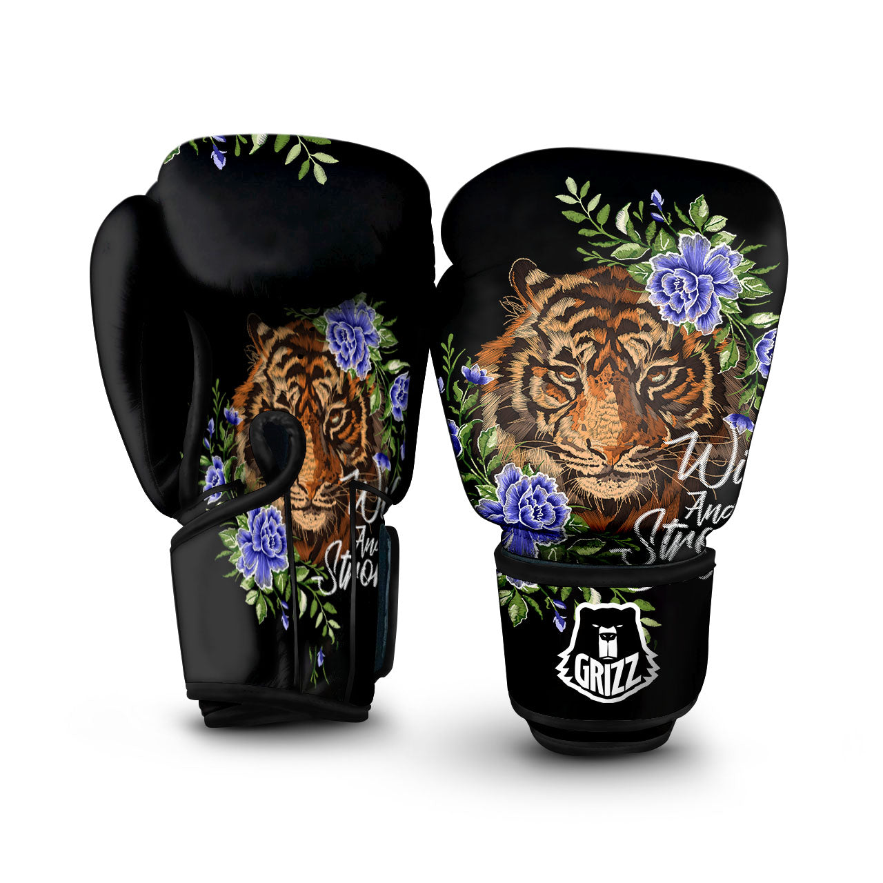 Flower And Tiger Embroidery Print Boxing Gloves-grizzshop