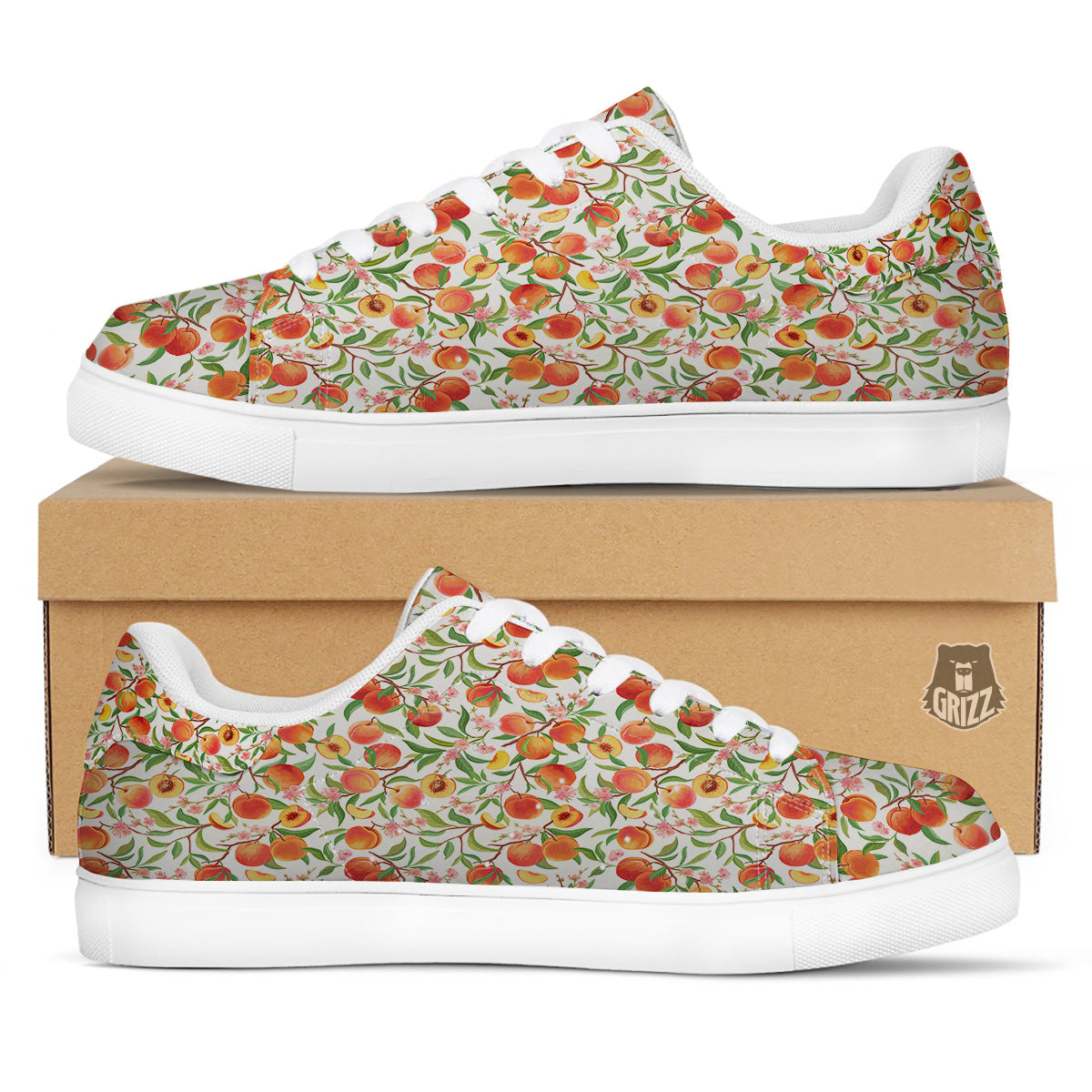 Flower Apricot And Print Pattern White Low Top Sneakers-grizzshop