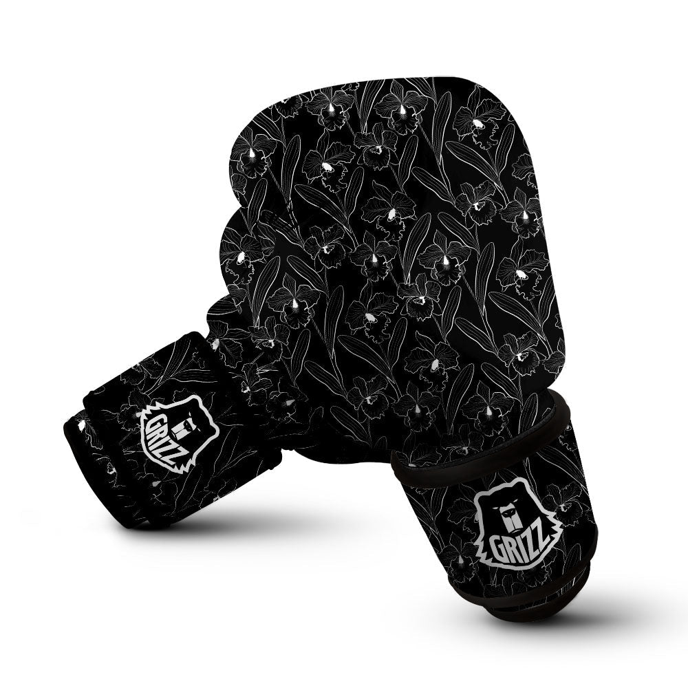 Flower Black Cattleya Print Pattern Boxing Gloves-grizzshop