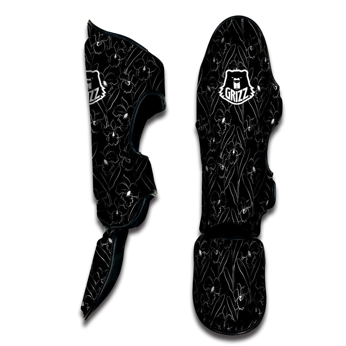 Flower Black Cattleya Print Pattern Muay Thai Shin Guards-grizzshop