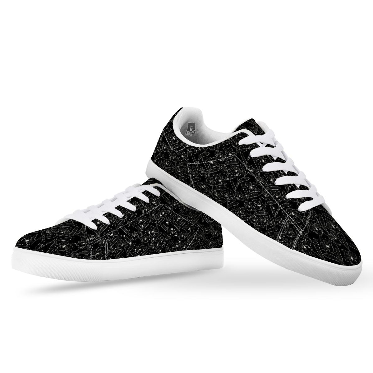 Flower Black Cattleya Print Pattern White Low Top Sneakers-grizzshop