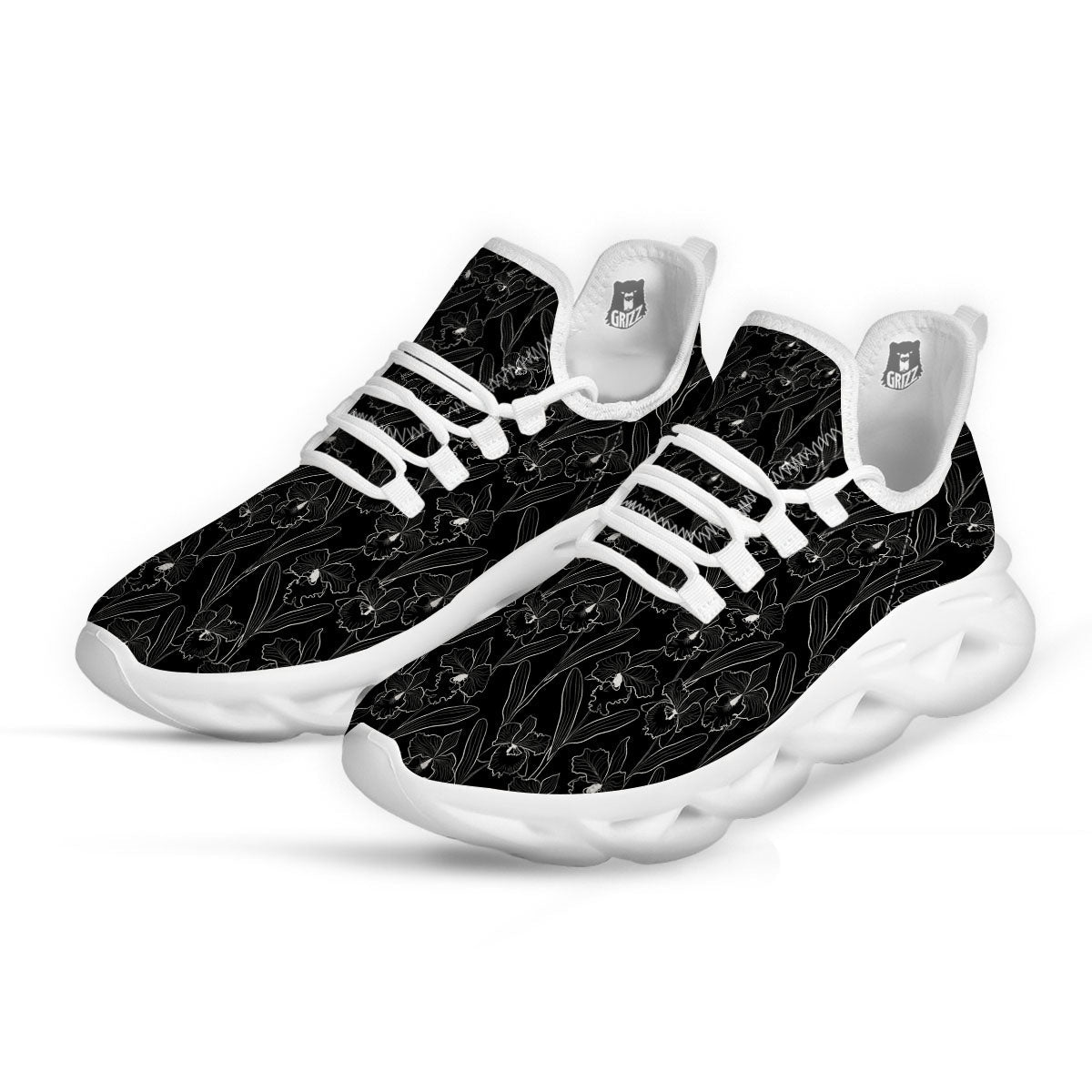 Flower Black Cattleya Print Pattern White Running Shoes-grizzshop