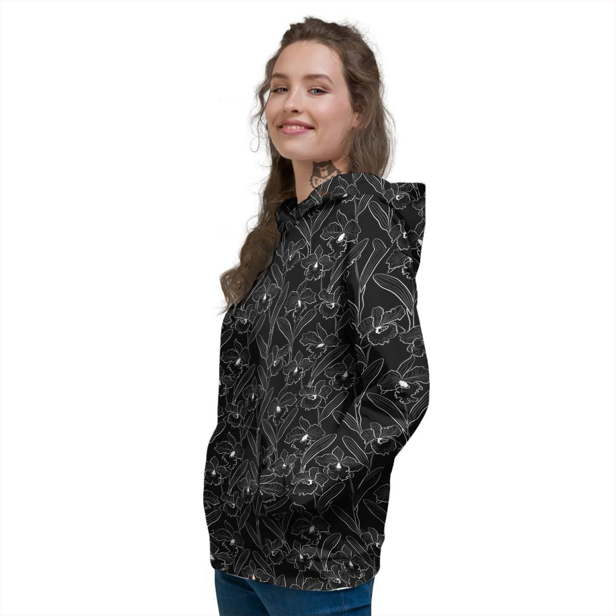 Flower Black Cattleya Print Pattern Women's Hoodie-grizzshop