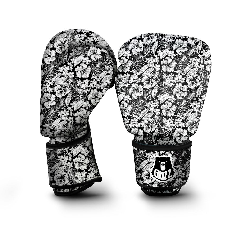 Flower Black Plumeria Print Pattern Boxing Gloves-grizzshop
