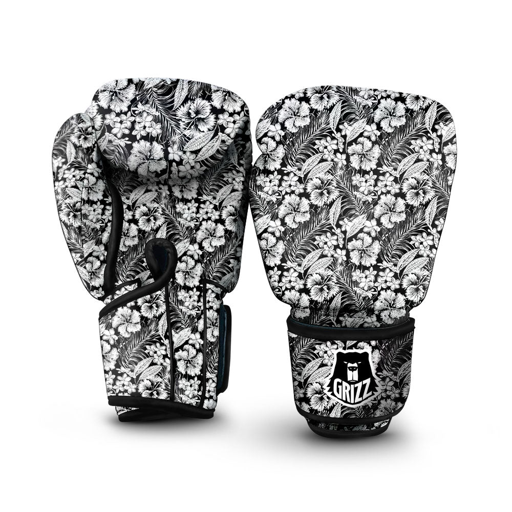 Flower Black Plumeria Print Pattern Boxing Gloves-grizzshop