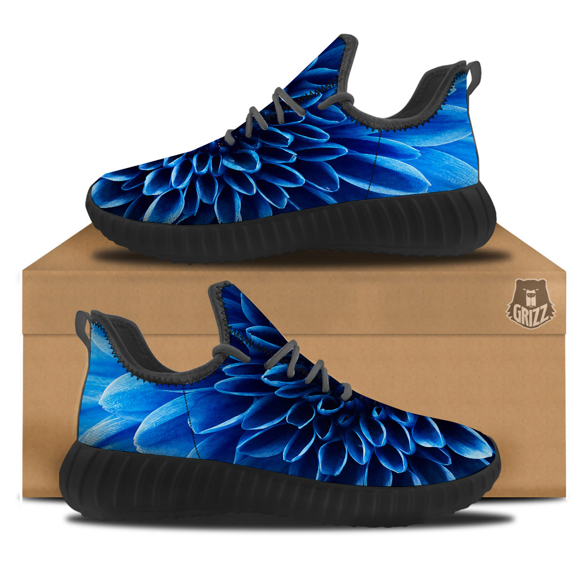 Flower Blue Chrysanthemum Print Black Walking Shoes-grizzshop