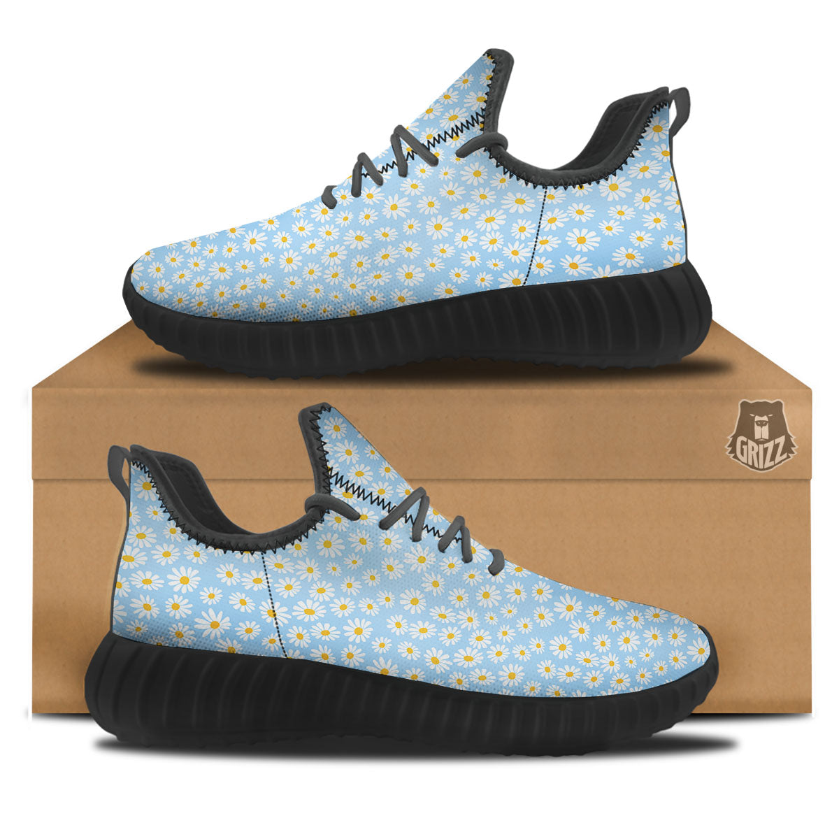 Flower Blue Daisy Print Pattern Black Walking Shoes-grizzshop