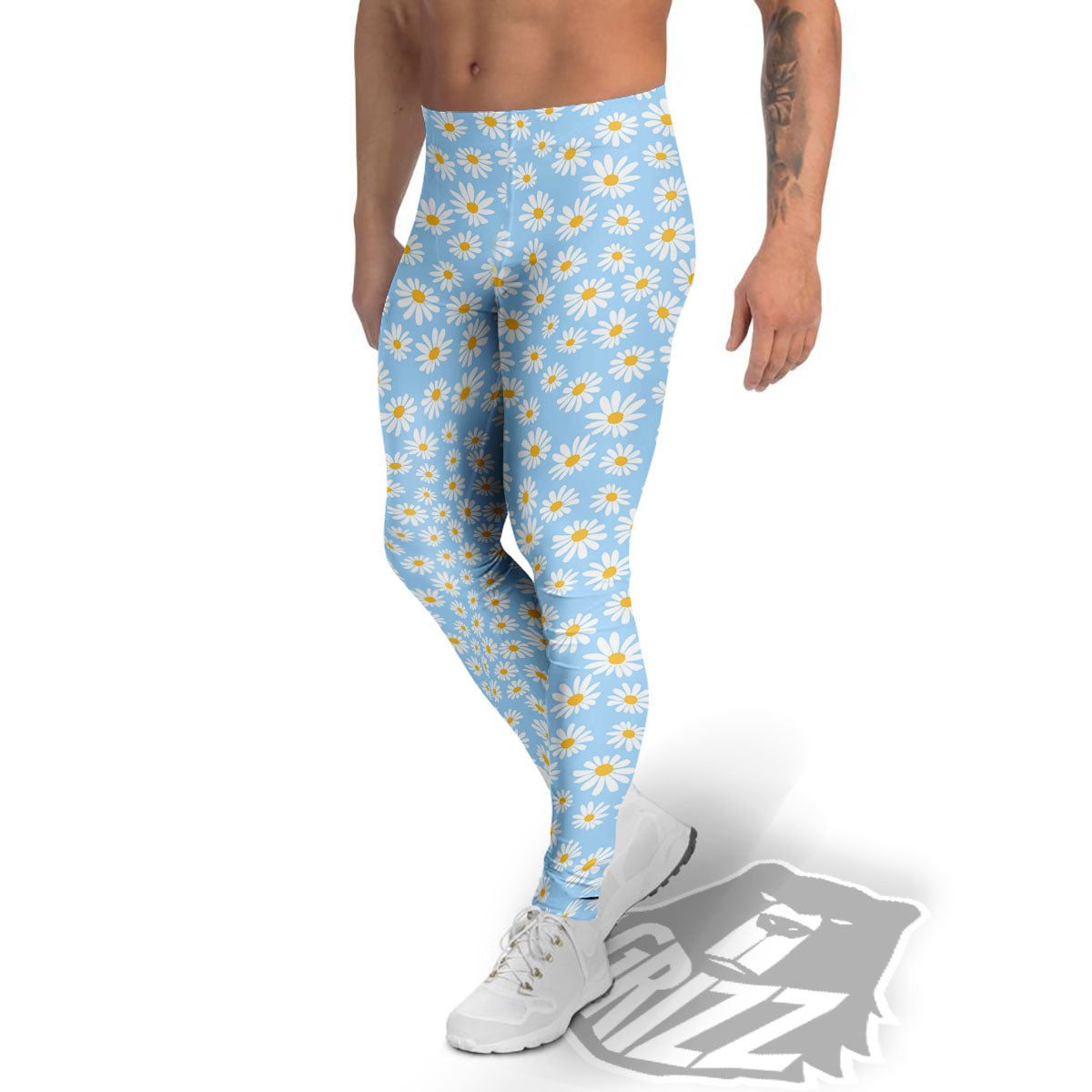 Flower Blue Daisy Print Pattern Men's Leggings-grizzshop