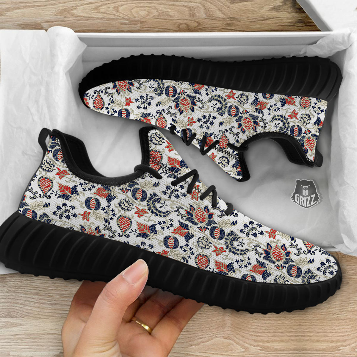 Flower Boho Paisley Print Pattern Black Walking Shoes-grizzshop