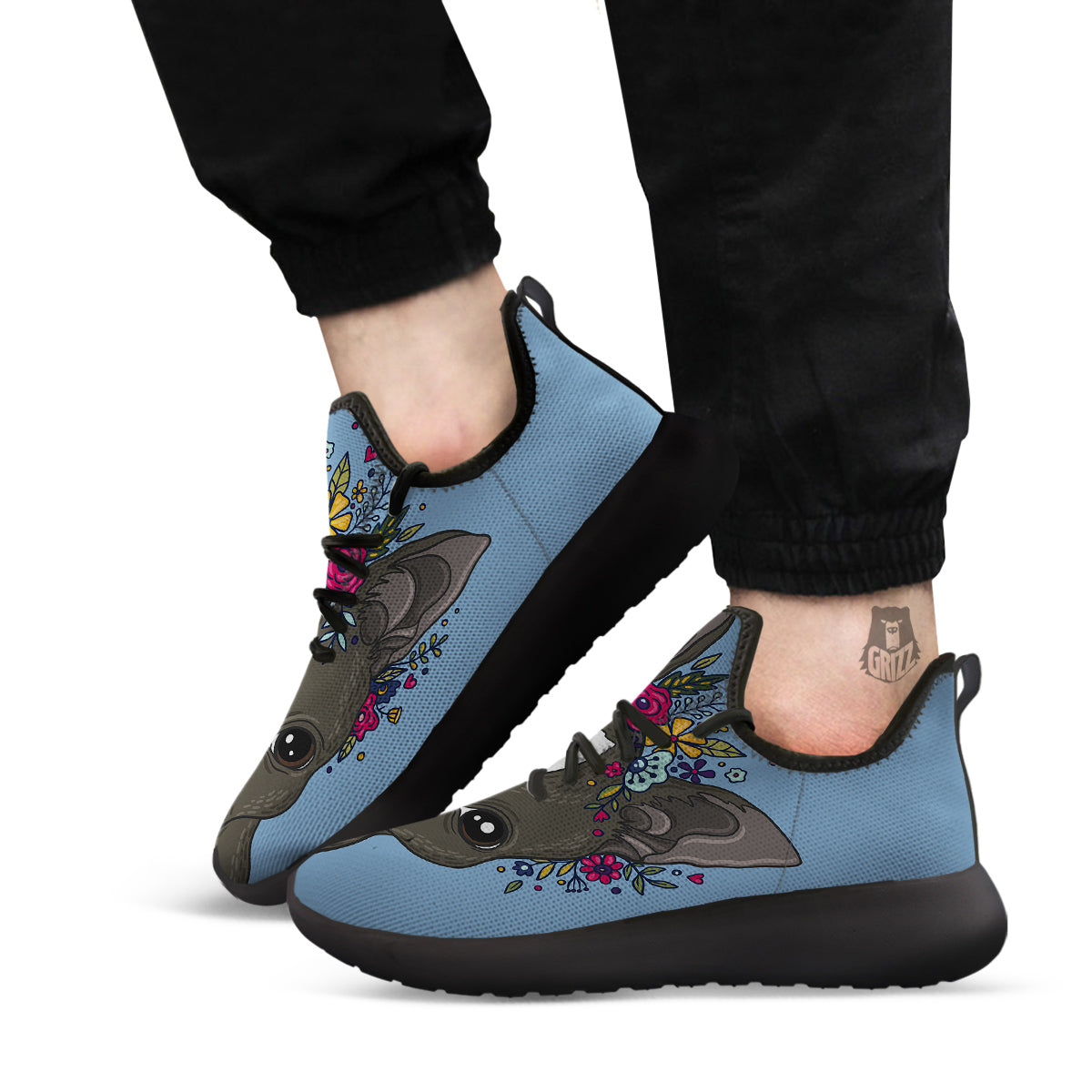 Flower Boston Terrier Cartoon Print Black Athletic Shoes-grizzshop