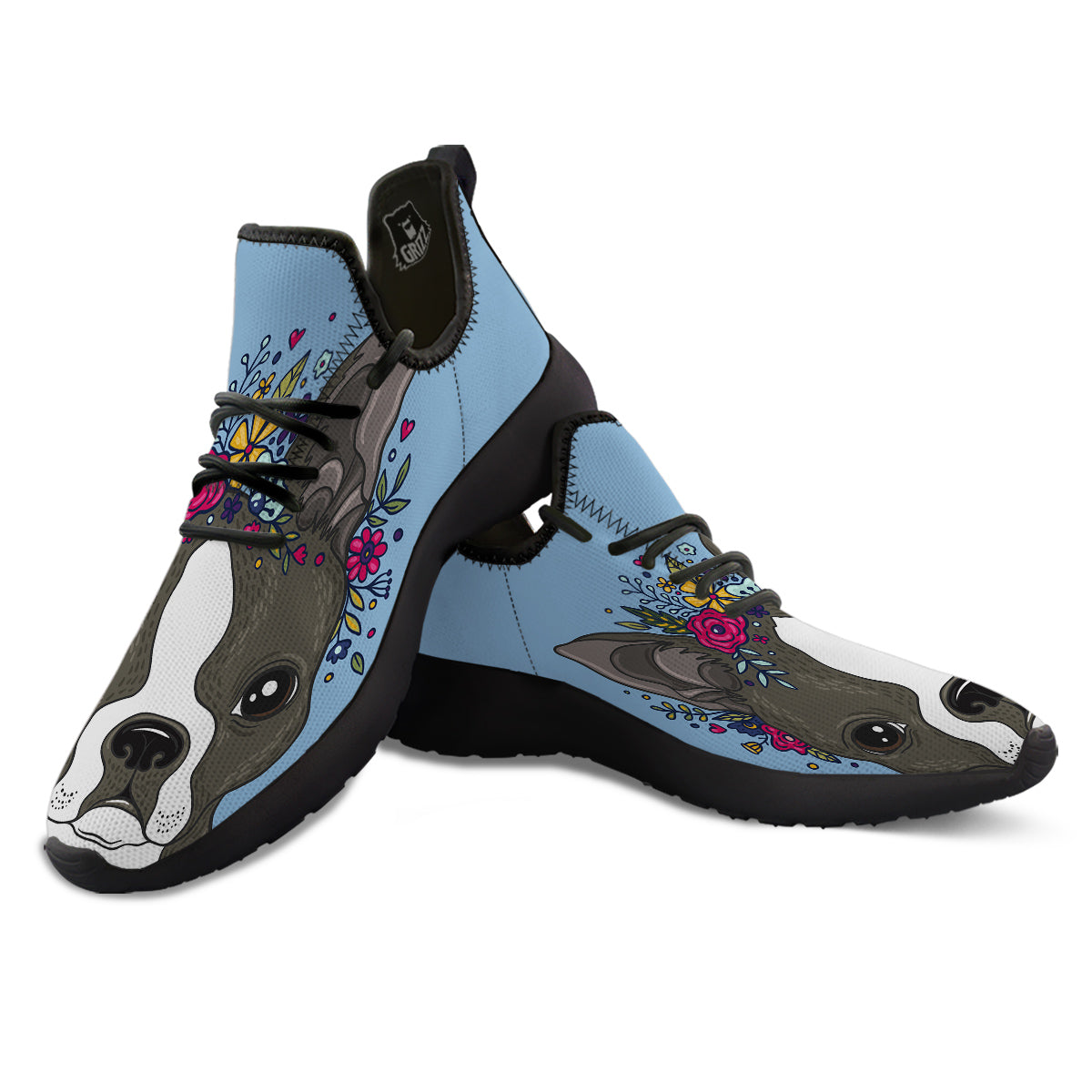 Flower Boston Terrier Cartoon Print Black Athletic Shoes-grizzshop