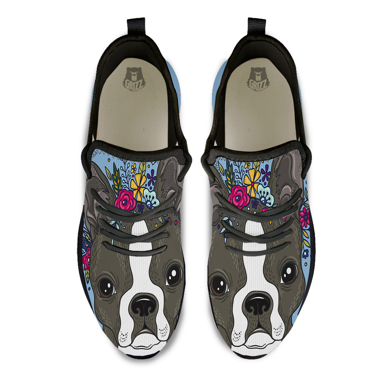 Flower Boston Terrier Cartoon Print Black Athletic Shoes-grizzshop