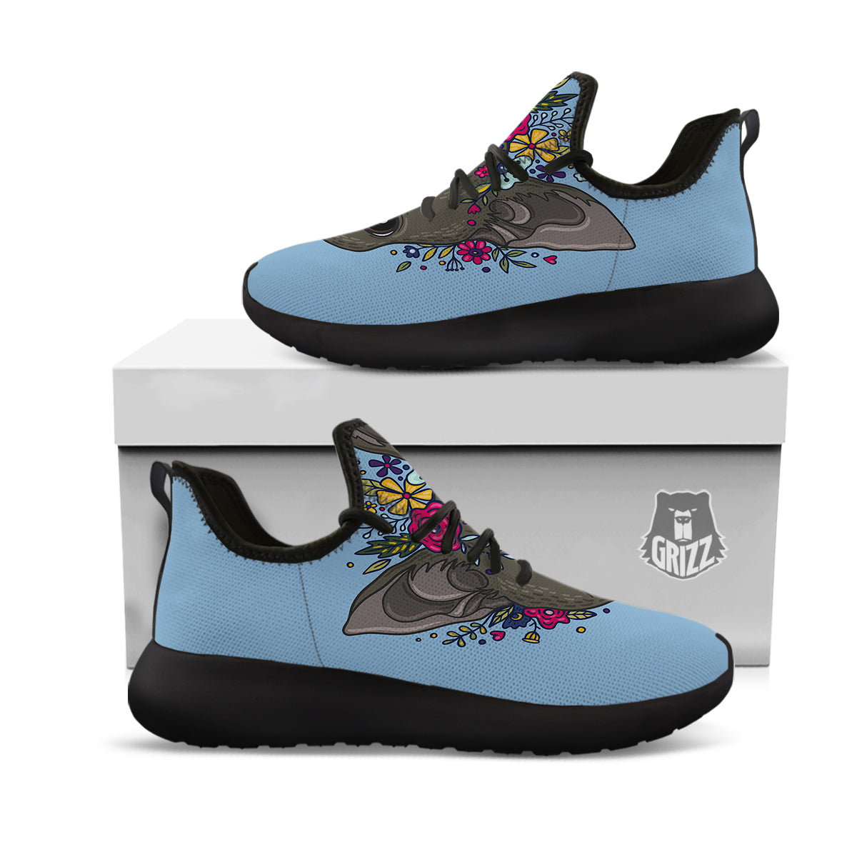 Flower Boston Terrier Cartoon Print Black Athletic Shoes-grizzshop