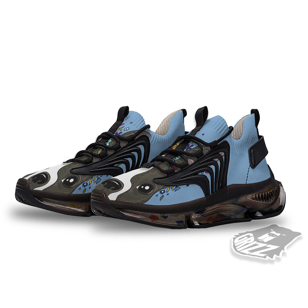 Flower Boston Terrier Cartoon Print Black Gym Shoes-grizzshop