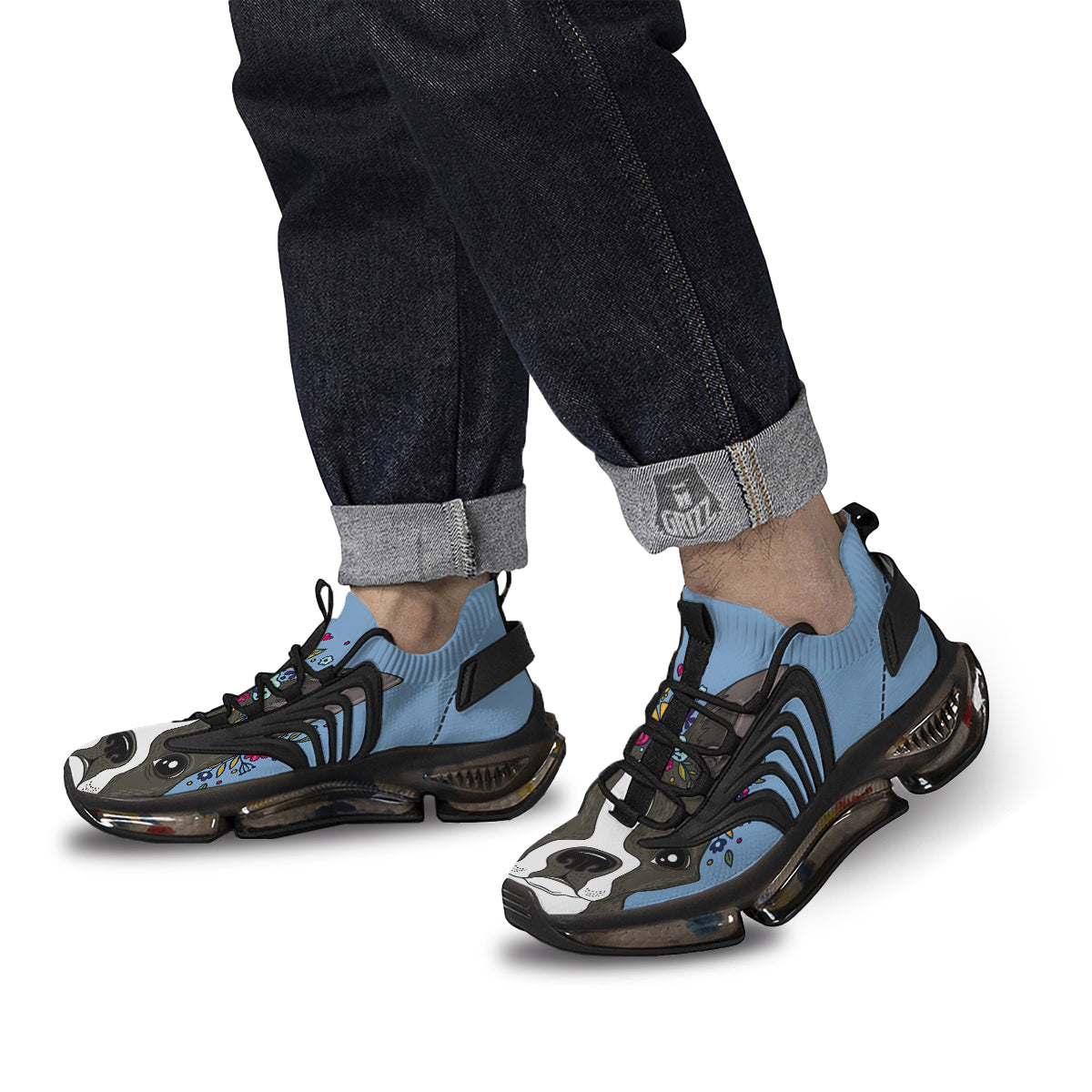 Flower Boston Terrier Cartoon Print Black Gym Shoes-grizzshop