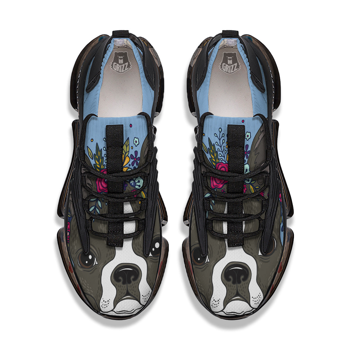 Flower Boston Terrier Cartoon Print Black Gym Shoes-grizzshop